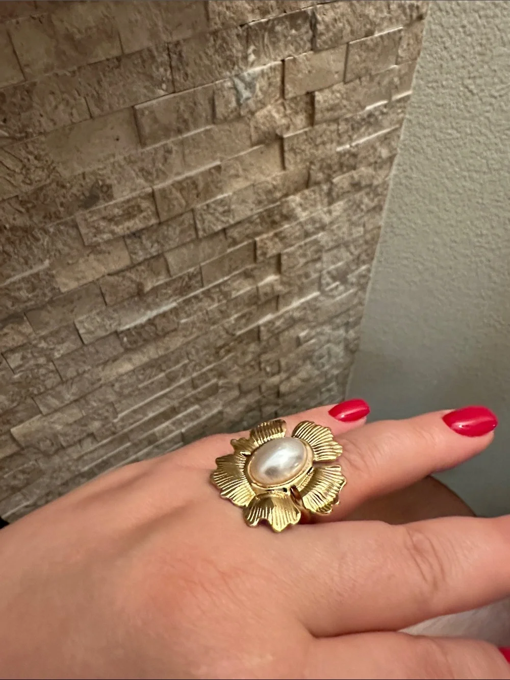 Gold Flower Pearl Center Statement Open Ring